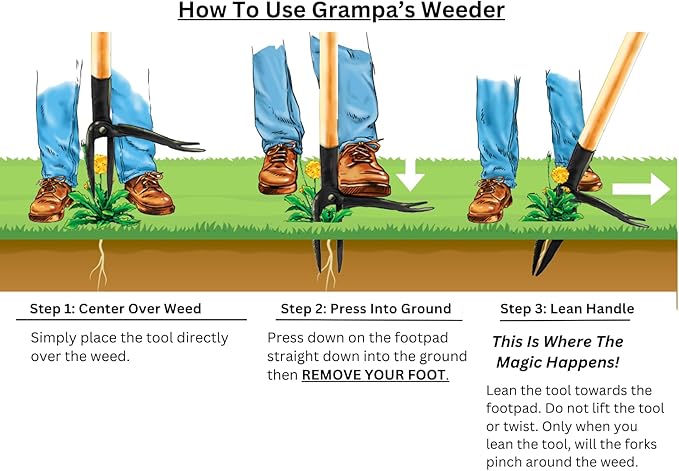 Grampa's Weeder & Garden Knife Bundle - Original Stand Up Weed Puller with Bamboo Handle & 4-Claw Steel Head + Versatile 7" Hori Hori Knife with Serrated & Straight Blade for Weeding, Digging, and Pla
