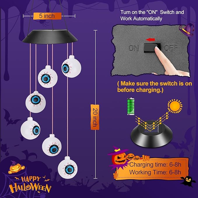 Winzwon Halloween Decorations Outside Solar Outdoor Lights Waterproof Eyeballs Wind Chimes for Party Yard Porch Patio Home Window Indoors Hanging Mobile Decor