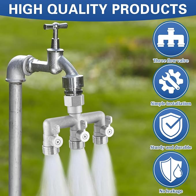 304 Stainless Steel 3 Way Garden Hose Splitter, Heavy Duty Hose Bib Splitter with 3 Shut Off Valves, High Flow Outdoor Faucet Splitter, 3/4" GHT Water Hose Connector for Garden, Yard, Irrigation