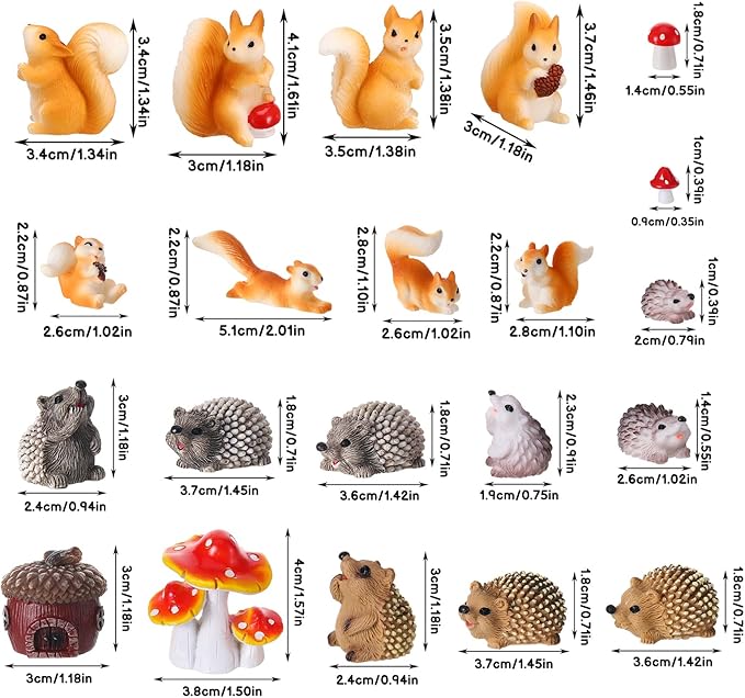 Fairy Garden Accessories, 34 Pieces Resin Squirrel Figures Miniature Garden Ornaments Hedgehog Mushroom Animal Kit for Outdoor DIY Terrarium Potted Plants Dollhouse Desk Decor