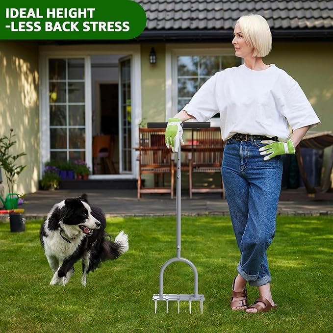 Aerator Lawn Tool Lawn Aerator -Heavy Duty Manual Grass Aerator with 15 Iron Spikes, Height Adjustable, Yard Aerator Tool for Lawn(Light Gray)