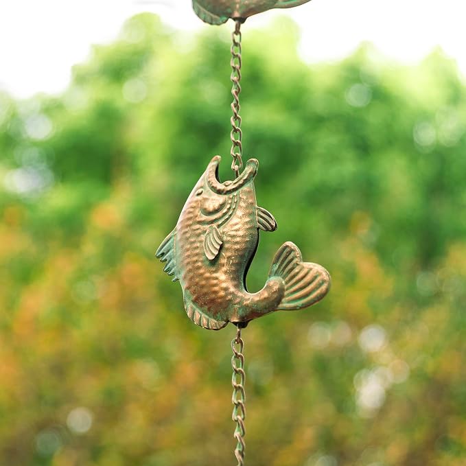 Glitzhome 8.5ft Rain Chain for Gutters 9-Piece Faux Copper Patina Finish Fish Shaped Catcher Replacement for Downpout