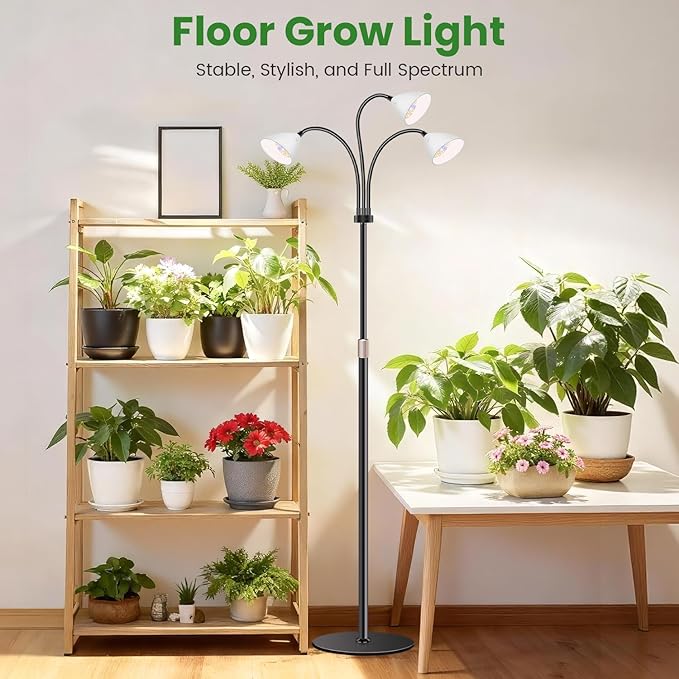 Wolezek Grow Lights for Indoor Plants with Stand, 3-Head 78 LEDs Full Spectrum Floor Plant Grow Lamp for Large Plants, Auto On/Off Timer 6/12/16H, 5 Dimmable Levels, Adjustable Height 16.5"-61"