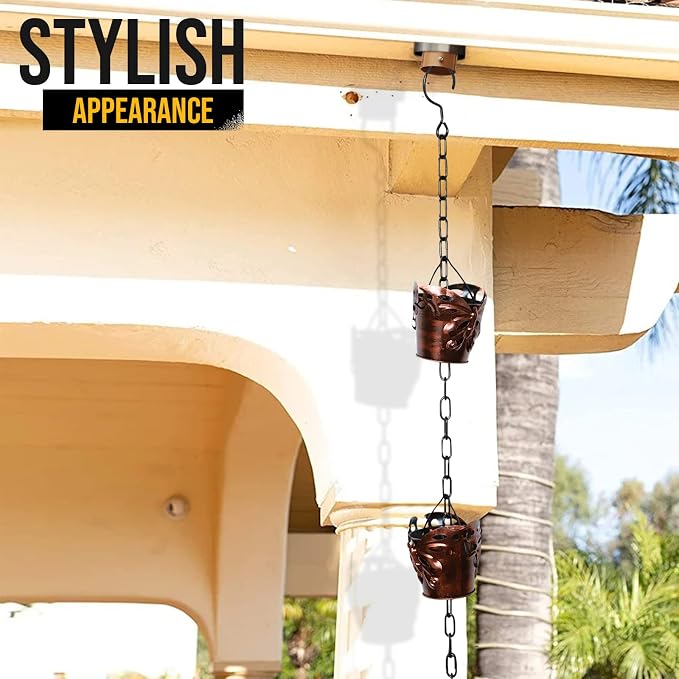 8.5FT Rain Chains for Drain Gutter Through Downspouts and Rain Barrel with Rain Chain Gutter Adapter - Outdoor Rust-Resistant Plated Iron and Thick Chain Garden Décor (Bronze-Butterfly)