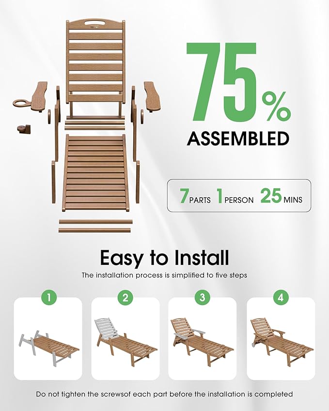 Lounge Chair Outdoor Set of 4 with Wheels, Adjustable 5-Position Chaise Lounge Outdoor, Patio Lounge Chair for Poolside Backyard, Teak