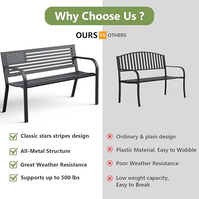 Outdoor Bench, Sturdy Metal Garden Bench with Classic Stars and Stripes Design Metal Backrest, 2-Person Patio Bench for Outside Seating, Cast Iron Steel Porch Yard Lawn Furniture, Black