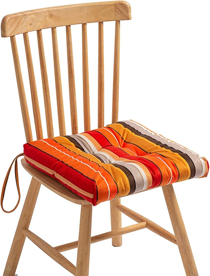 2-Pack Outdoor/Indoor Wicker Patio Seat Cushion Pad with Ties - Dining Chair Cushion, 17" x 17" (Orange and Red Stripes)
