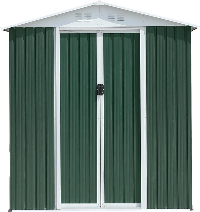 6FT x 4FT Apex Roof Garden Shed, Outdoor Metal Storage Shed, Galvanized Steel & Aluminum Alloy Frame, Sliding Door Tool Storage House, Weather Resistant Backyard Patio Bike Storage, Green