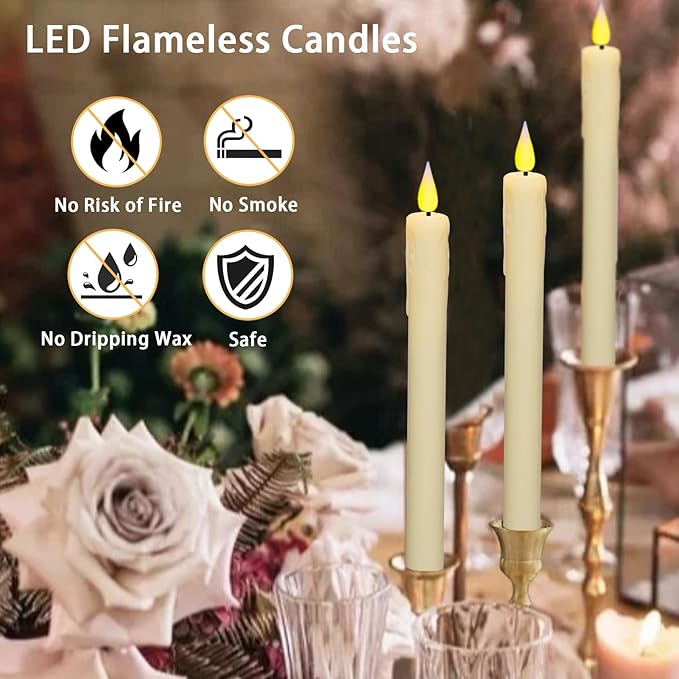 KSWING Upgraded Real Wax LED Flameless Taper Candles with Remote, 2 PCS Ivory Dripping Candlesticks Battery Operated 3D Flickering - 9.6" Long Realistic Fake Candle Sticks for Home/Wedding/Xmas Decor