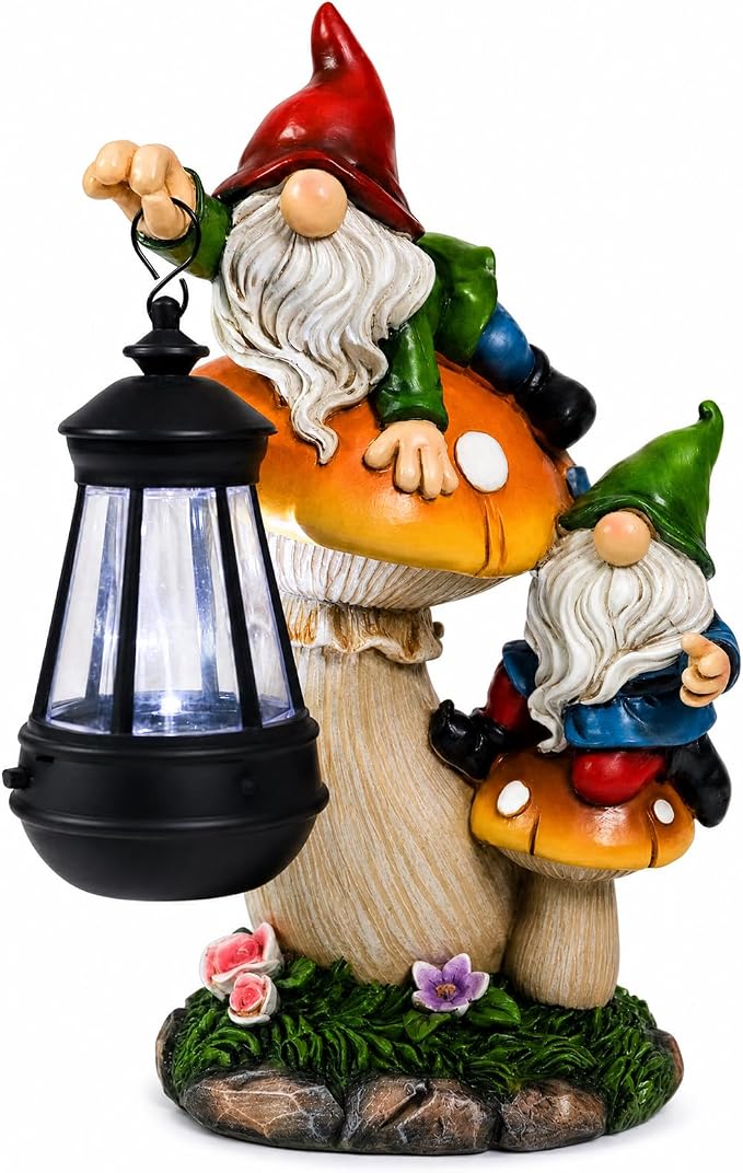 Garden Gnome Statue, Large Funny Gnome Figurine Climbing on Mushroom and Holding a Solar LED Lantern Resin Ornament for Patio Yard Lawn Porch Outdoor Decor