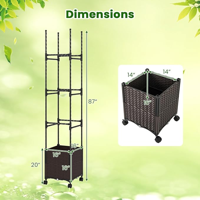 HAPPYGRILL 87" Raised Garden Bed w/Trellis, Self-Watering Planter Box w/ 3 Adjustable Heights, Lockable Wheels for Climbing Plants Flowers Vine, Indoor Outdoor Vertical Tomato Cage for Garden (2)