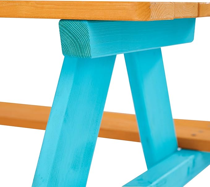 Teamson Kids - Wooden Outdoor Child Children Kids Picnic Table & Chair Bench Set - Brown/Aqua