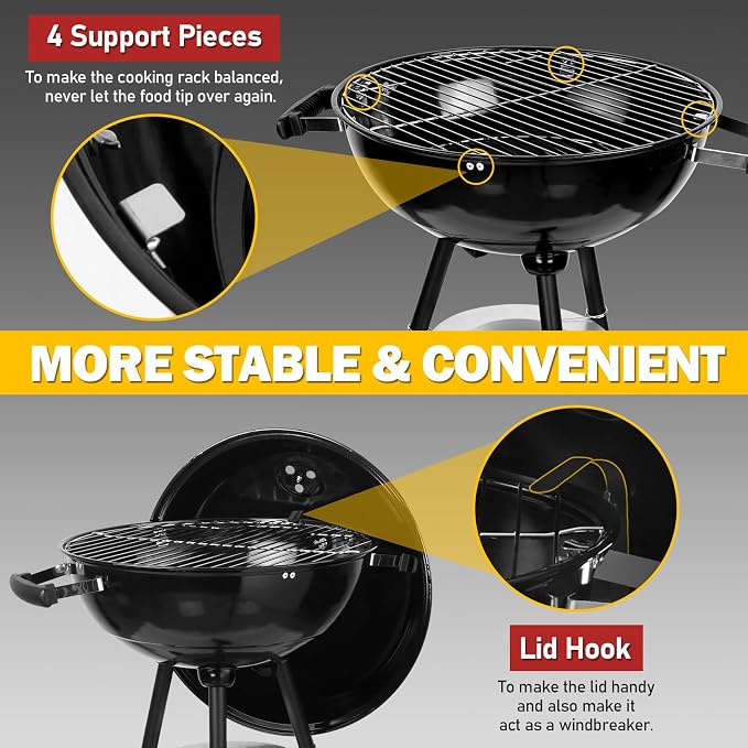 Joyfair Kettle Charcoal Grill (18 Inch), Outdoor Barbecue Grill for Camping/Backyard/Tabletop Grilling, Portable Round Smoker with Wheels, Enameled Lid & Fire Bowl, Dual Venting System, Black