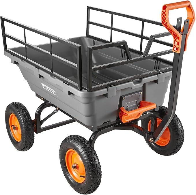 VEVOR Garden Dump Cart 1500lbs 15 Cu.Ft, Heavy Duty Wheelbarrow with Convertible Handle and 16" Flat Free Tires, Outdoor Yard Wagon ATV Trailer Dump Cart Tow Behind for Lawn Mower Tractor