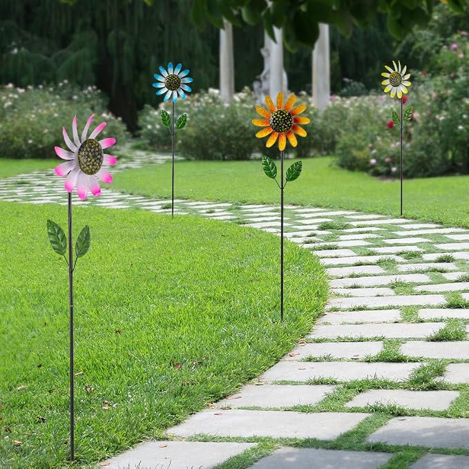 4 Packs Wind Spinner Outdoor, Pinwheels for Yard and Garden, Metal Sunflower Decorative Garden Stakes for Lawn Patio Porch Decor