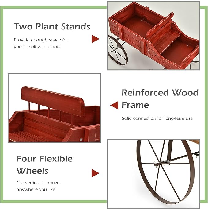 DORTALA Wood Wagon Planter, Outdoor Garden Flower Planter Cart with Wheels, Small Decorative Wood Raised Bed Plant Pot Box Stand for Backyard, Patio, Balcony, Red