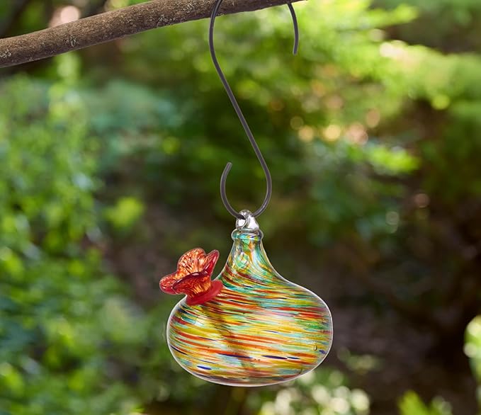 Red Carpet Studios Hummingbird Feeder Hand-Blown Art Glass, Hanging Birdfeeder with Red Flower Feeding Port, 5.5" Teardrop Green