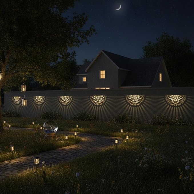6 Pack Solar Fence Lights Outdoor Wall Lights Plastic Solar Powered Deck Step Stair Lights Mandala Theme Waterproof Fence Solar Light for Garden Post Patio Yard Decor, Gardening Gifts for Women Mom