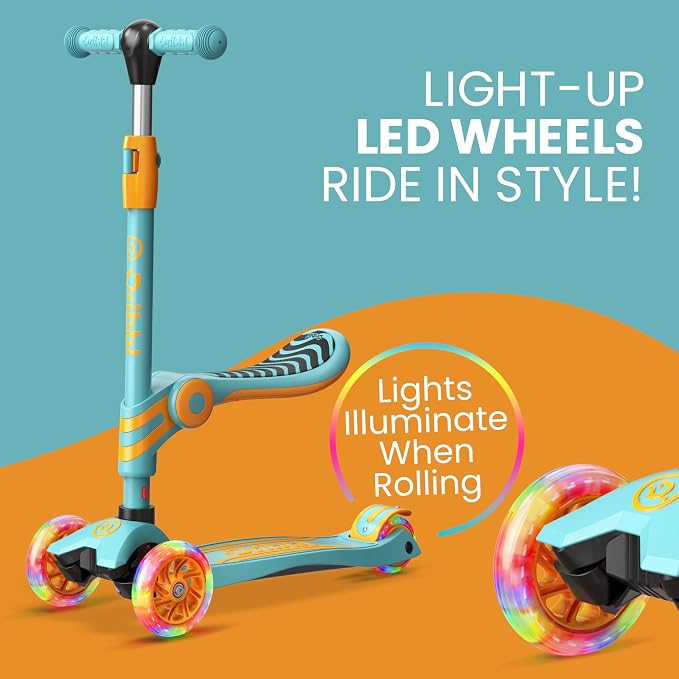 Aqua Orange 3 Wheel Scooter with Seat for Kids, Light-Up Wheels, Adjustable Lean to Steer Handlebar and Seat, Smooth Wheels, Wide No-Slip Deck, Rear Foot Brake, Toddler Outdoor Toys for Ages 2+