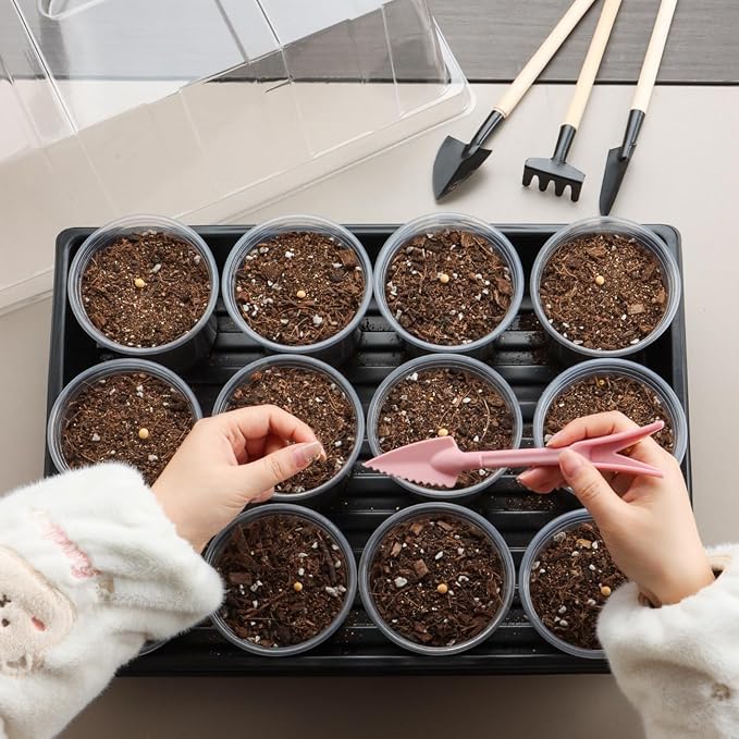 50p 3.5" Clear Nursery Pots with 4p Trays and 2p Adjustable LED Grow Lights – Transparent Plant Pots with Drainage Holes, Complete Seed Starter Kit with 5" Tall Humidity Dome for Plant Propagation