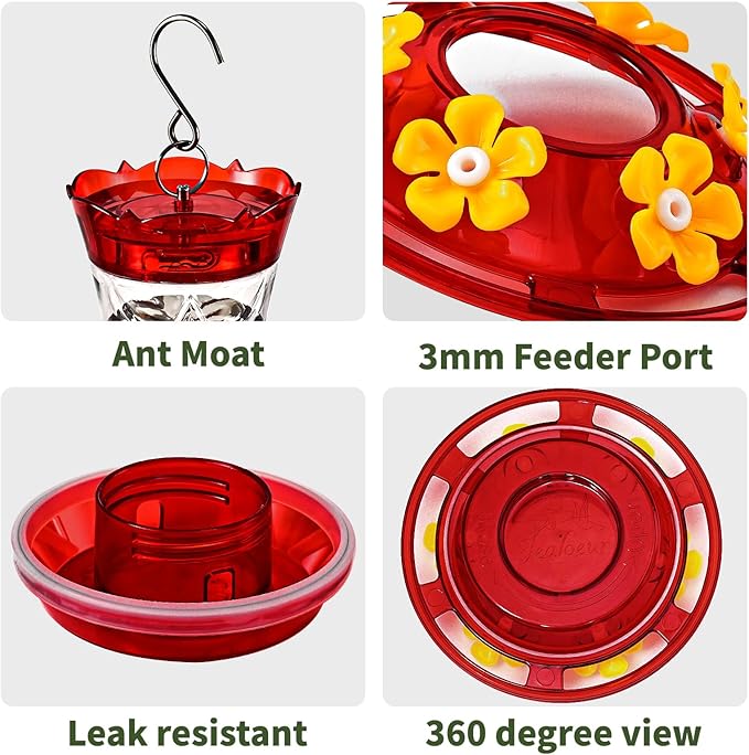 Jealoeur Hummingbird Feeder for Outdoors Hanging, 18 OZ Humming Birds Feeders with 6 Bee Guard Feeding Ports & Built-in Ant Moat, Easy to Clean, Durable Outdoor Garden Decor(Clear A 1 Pack)