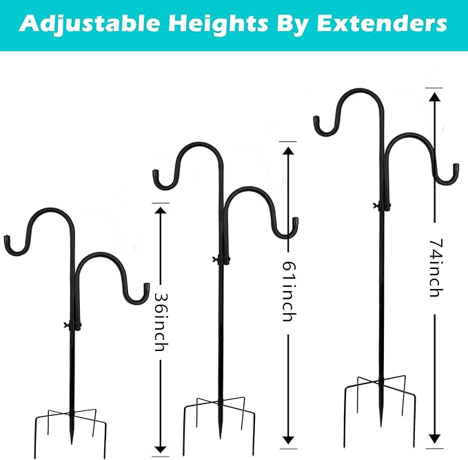 74“ Shepherds Hooks for Outdoor - 3/4 Inches Thick Bird Feeder Pole with 5-Prong Base, Wind Chimes Hanger for Garden, Patios, Backyard | Rust-Resistant Metal Pole (Black)