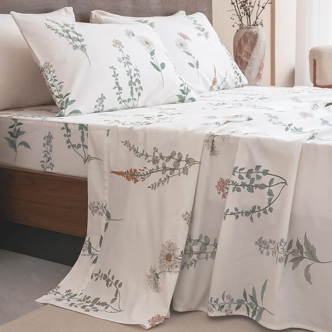QSH Floral King Size Sheet Sets - 100% Egyptian Cotton Floral Bedding Sheets Flower Pattern Printed Bedding King Size Bed Sheets 17.5" Extra Deep Pocket 4pcs