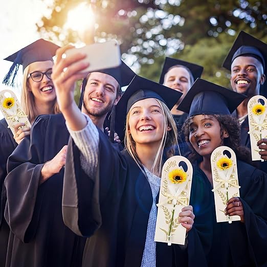 Eaasty 48 Set Graduation Day Themed Single Sunflower Card Sleeve Grad Gift Packaging Flower Holder with Floral Water Tubes Ribbon Floral Tissue Paper for Flower Packing