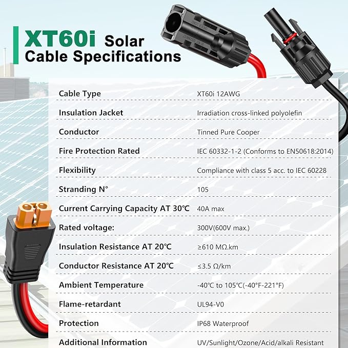 12AWG XT60i Solar Cable 10FT, Solar to XT60i Charging Cable, Solar Connector to XT60i Connector Solar Cable, XT60i Extension Cable for Portable Power Station and Solar Generator
