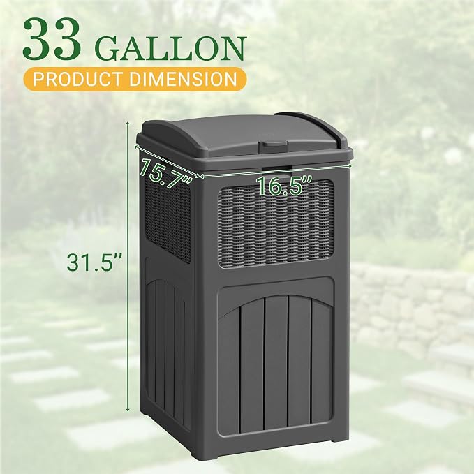 Greesum 33 Gallon Outdoor Trash Can with Lid, Waterproof Resin Garbage Bin for Hideaway, Deck, Patio, Gray