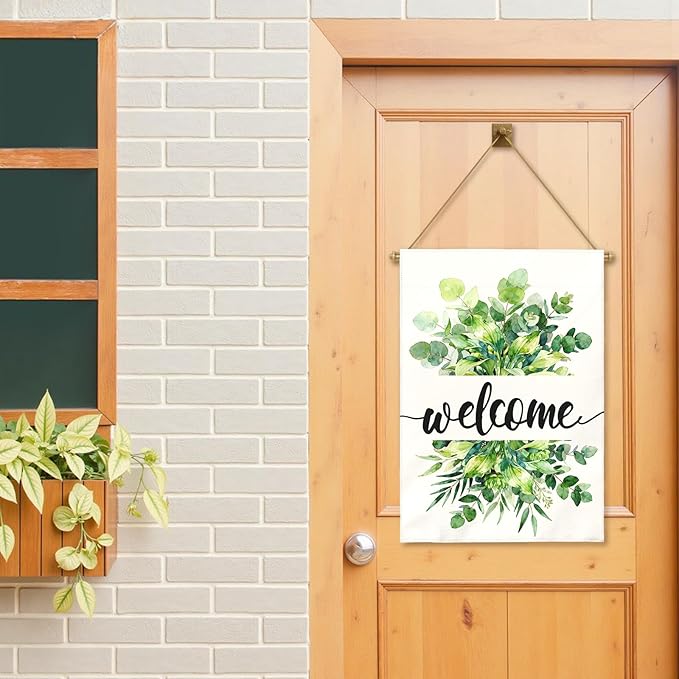 Welcome Garden Flag Spring Large Summer Greenery Watercolor Eucalyptus Leaves House Banner Seasonal Rustic Farmhouse Hosta Fragrant Plantain Yard Flags for Porch Patio Home Decor 28 x 40 Inch