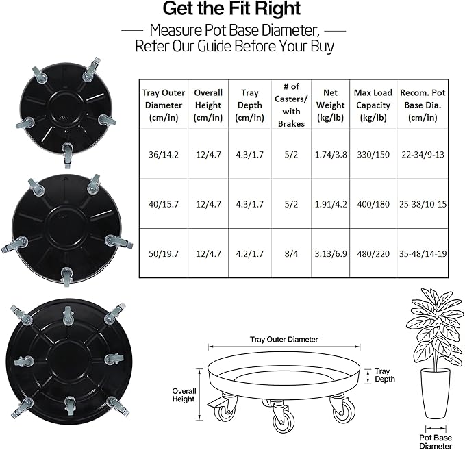 14" 3-Pack Metal Plant Caddy with Wheels, Heavy Duty Caddiq Series Rolling Plant Stand with Rubber Coated Casters & Pedal Brakes, Reinforced M10 Welding, Indoor Outdoor Pot Dolly