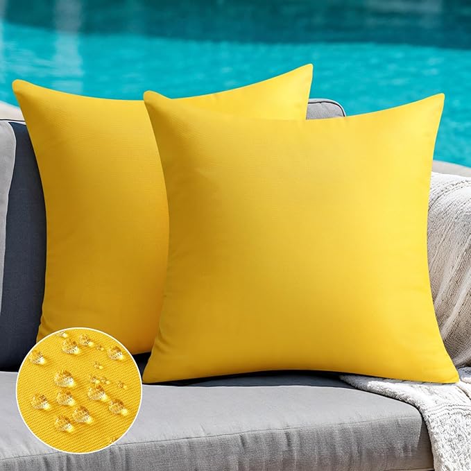 Premillow Outdoor Pillow Covers Set of 2, Decorative Farmhouse Waterproof Pillow Covers, Solid Linen Pillowcase Cushion Covers for Patio Garden Balcony Couch Sofa 20x20 inch, Yellow