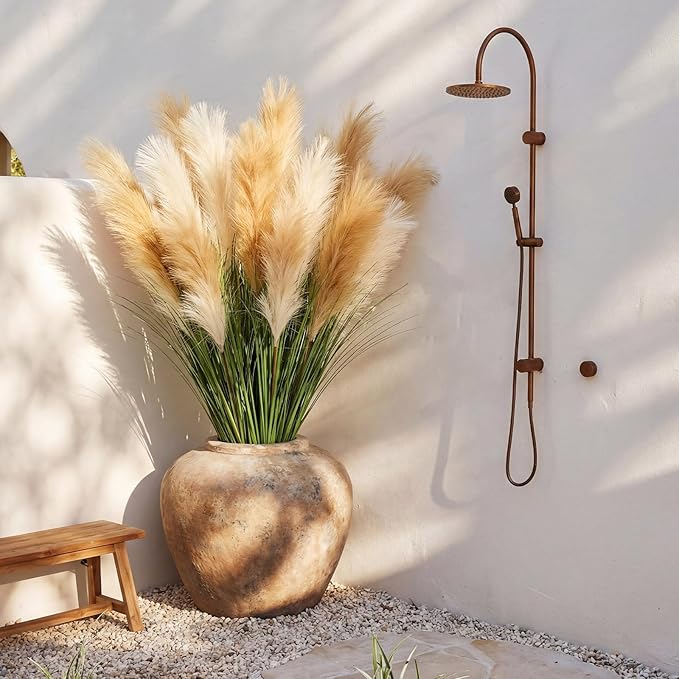 Jexine 15 Pcs Artificial Pampas Grass 31.5" Tall Faux Pampas Stems with 3 Plumes Each and Green Leaves for Boho Floor Vase, Wedding, Living Room Home Decor