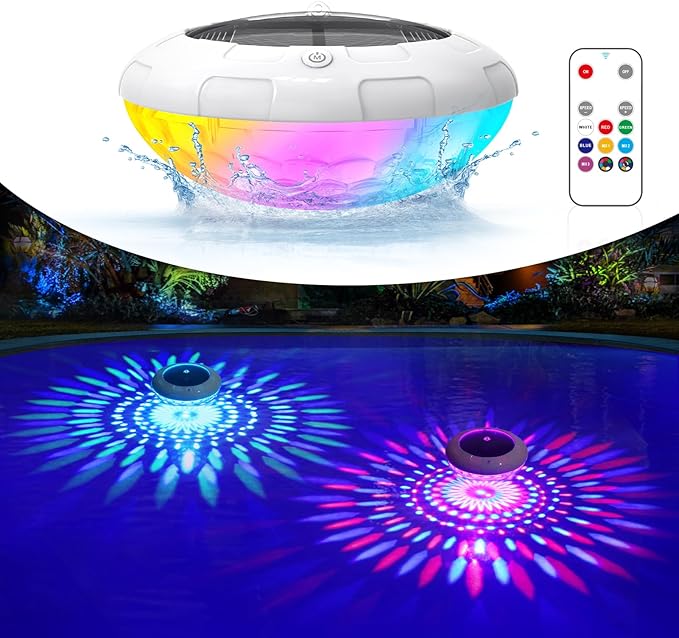 Floating Pool Lights w/Remote, 6.5 Inch RGB Color Changing Solar Pool Lights that Float with 9 Dynamic Lighting, IP68 Waterproof Hangable Solar Floating Light for Pool Garden Weeding Decor(2)