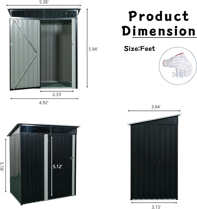 5FT x 3FT Outdoor Storage Shed Hinged Door Padlock Anti-Corrosion Storage House for Bike Patio Furniture Pool Accessories Black One Size