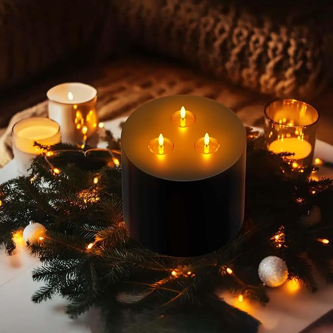Black Extra Large Flameless Candles 6"x6" Battery Operated Candle with Remote Real Wax 3 Wick Led Candles Flickering Flame Fake Candles for Halloween Harvest Festival Christmas Home Decor