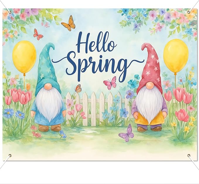 BlissYard Hello Spring Backdrop Cute Gnome Garden Scene Colorful Flowers Butterfly Fence Photo Booth Background Spring Party Home Decoration 8x6ft for Birthday Celebration Classroom Event Display