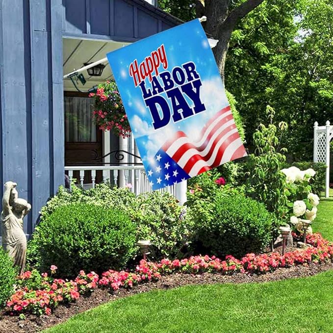 AOYEGO Happy Labor Day House Flags 28 x 40 Double Sided Burlap American Flag and Sky Background Yard Flags Spring Summer Farmhouse Seasonal Outdoor Flag