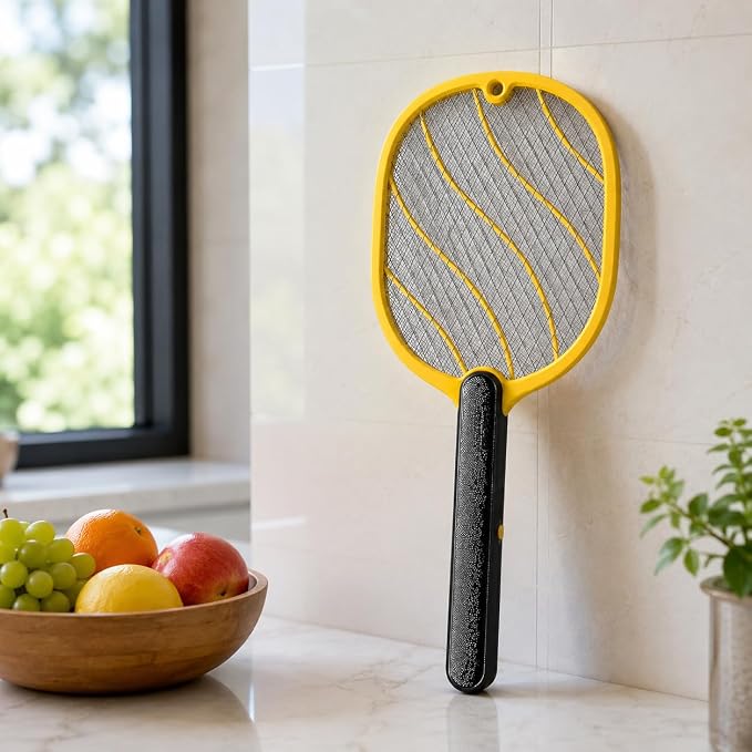 Electric Fly Swatter – Battery Powered Bug Zapper Racket with 2 AA Batteries Included, 3-Layer Safety Mesh, Handheld Fly Zapper for Indoor, Outdoor, Home, Bedroom, Kitchen, Office, Backyard, Patio