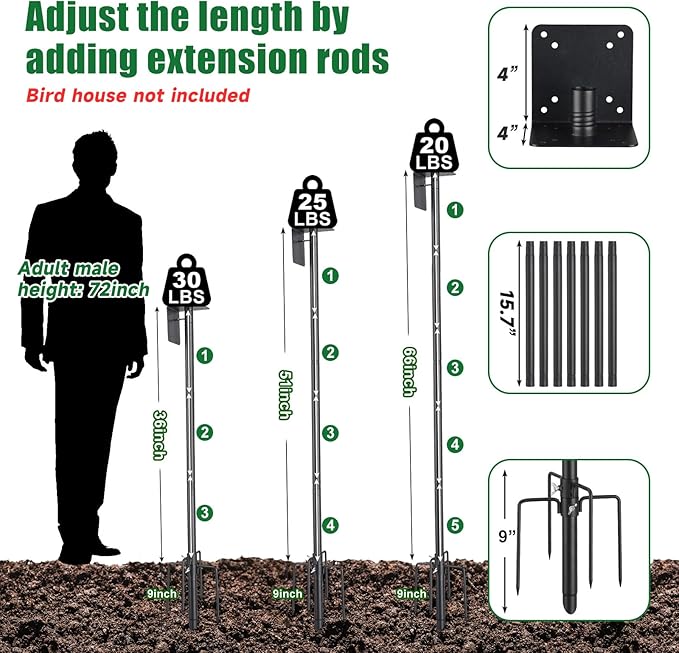 Heavy Duty Bird House Pole 75 inch Adjustable, Outdoor Birdhouse Stand with 5-Pronged Stakes, Universal Mount for Smart Bird Feeder Compatible with Bird Buddy Birdfy Bluebird House (Without Feeder)