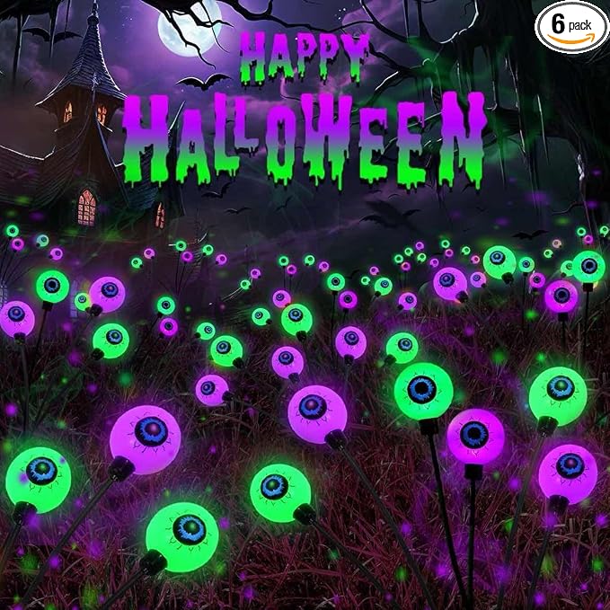 6 Pack Halloween Decorations Outdoor Solar Eyeball Lights, Green Scary Eyeball Swaying Firefly Lights Waterproof with 2 Modes, Solar Halloween Pathway Lights for Outdoor Yard Garden Lawn Party Decor