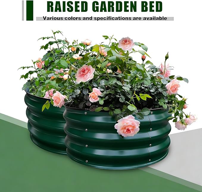 GrowHaus 2x2x1FT Galvanized Raised Garden Bed, Planter Boxes Outdoor Round Metal Garden Beds for Planting Vegetables Flowers Herbs 2 Pack Dark Green