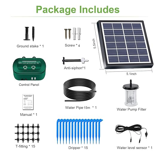 Lewisia 2W Solar Automatic Drip Irrigation Kit with Timer Auto Watering System Solar Powered Auto-Irrigation Set for Garden Beds Patio Lawn Plants Greenhouse Flower 50FT for 15 Plants