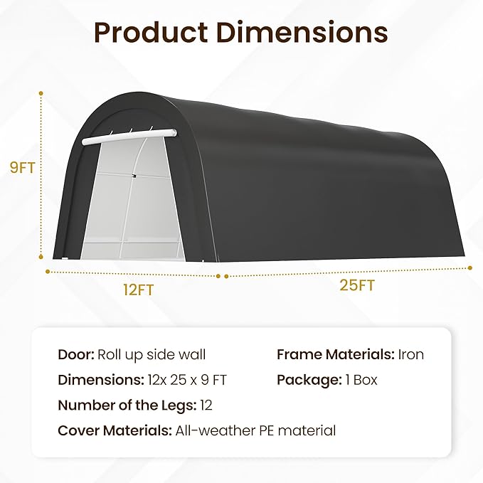 Heavy Duty Carport 12X25FT, Portable Garage with 2 Roll Up Doors Vents and Metal Round Roof, Outdoor Storage shed Car Port Canopy Tent for Garden Tools, Vehicle Truck Boat, Party, Dark Gray