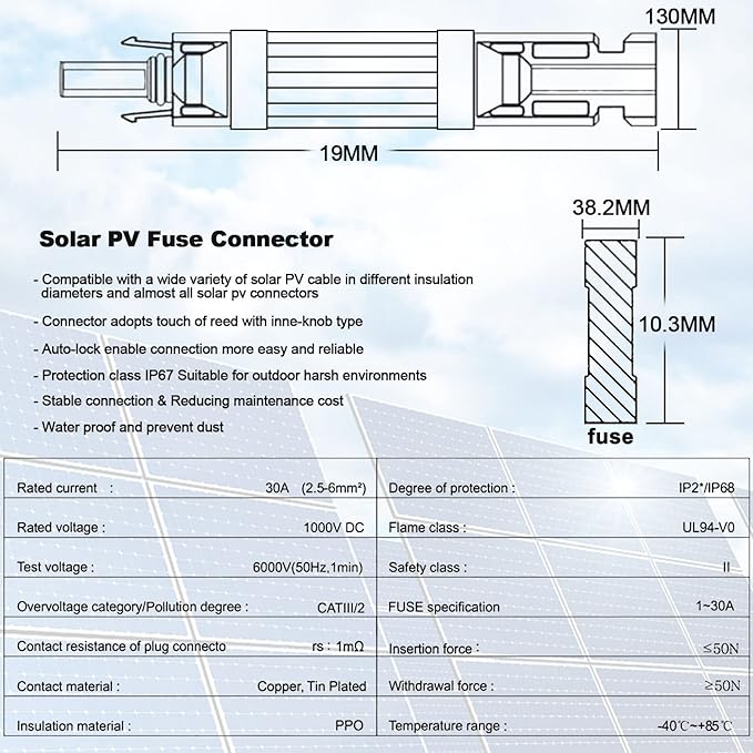 30A Solar Fuse Holder Inline with Male and Female Connector for Solar Panel and Solar Controller, Waterproof Solar Fuse Connector, Solar Surge Protection Device 5pcs