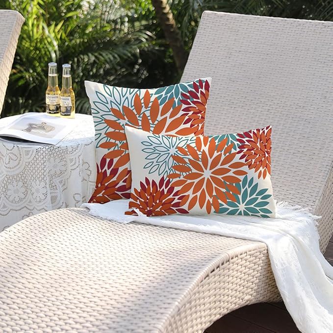 DFXSZ Orange Teal Red Flower Pillow Covers 12x20 Inch Set of 2 Fall Throw Pillows Outdoor Waterproof Decor for Living Room Sofa Patio Funiture Garden Floral Polyester Pillow Covers 002Y12