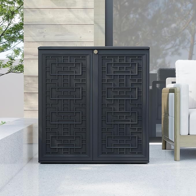 HOMSPARK Indoor/Outdoor Storage Cabinet with Doors and Shelf, 34”x15”x36” HDPE Plastic Storage Box Waterproof for Patio, Garden, Balcony, Multi-Purpose for Daily Tools, Black