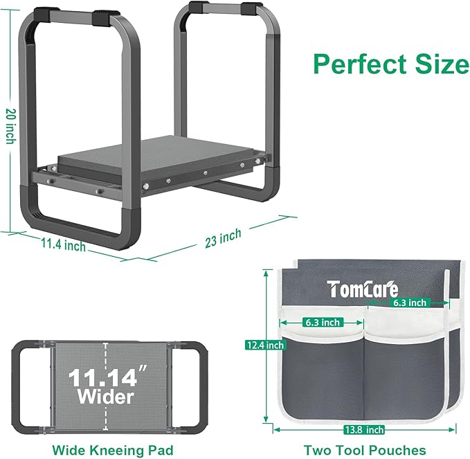 TomCare Garden Kneeler and Seat 11.14” Wider Larger Soft Kneeling Pad Garden Bench with 2 Large Tools Pouches Heavy Duty Foldable Garden Stool Gardening Gifts for Women Men Gardeners Seniors,Gray