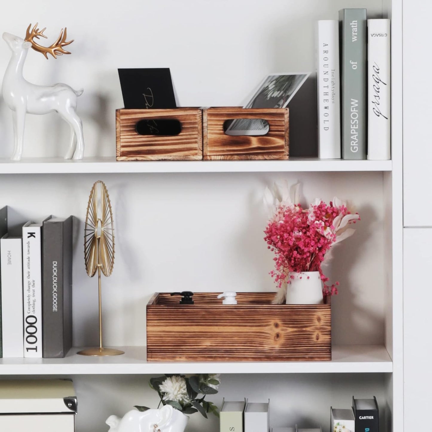 PHOENANCEE Wooden Crate Stackable Decorative Wood Crates set of 3 for Storage Display Rustic Nesting Box Basket Home Decoration Boxes Container Bin with Handles Farmhouse Decor,Solid Pine,L+M+S